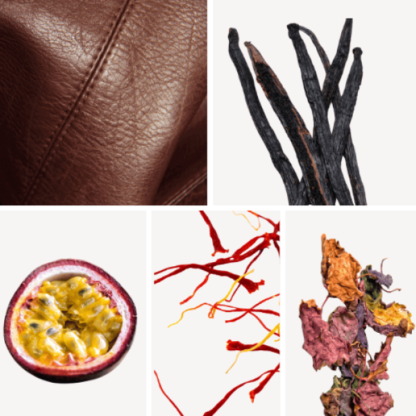 Duftnoten: Leder, Vanille, Passionsfrucht, Safran, Patschuli